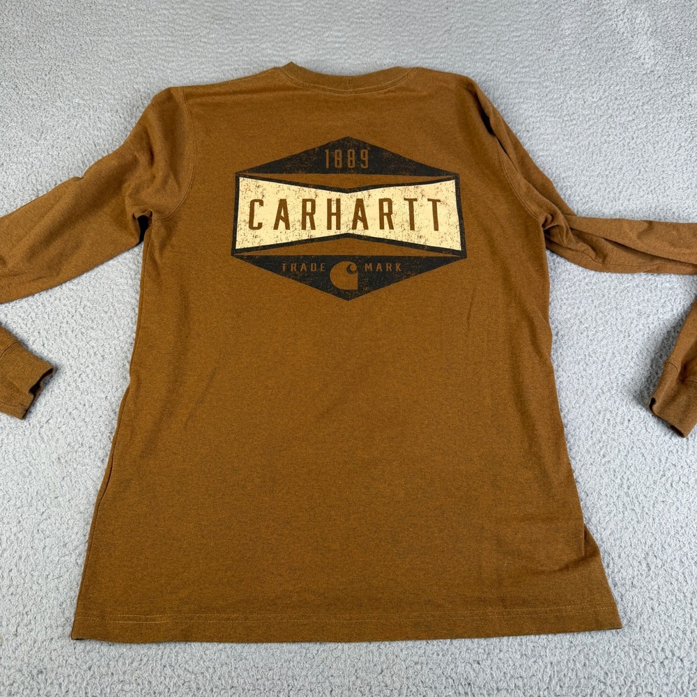 Carhartt T-Shirt Mens M Brown Relaxed Fit Graphic Long Sleeve 104893 B00 Logo